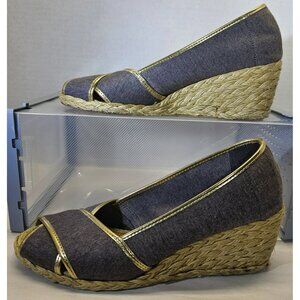 Ralph Lauren 9B Cecelia Gray Jersey Gold Trim Espadrille Jute Wedge Peep Toe New